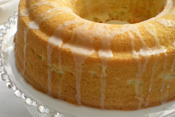 Lemon pound cake on a cake plate