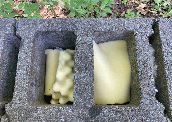 Foam pieces in cinder block.