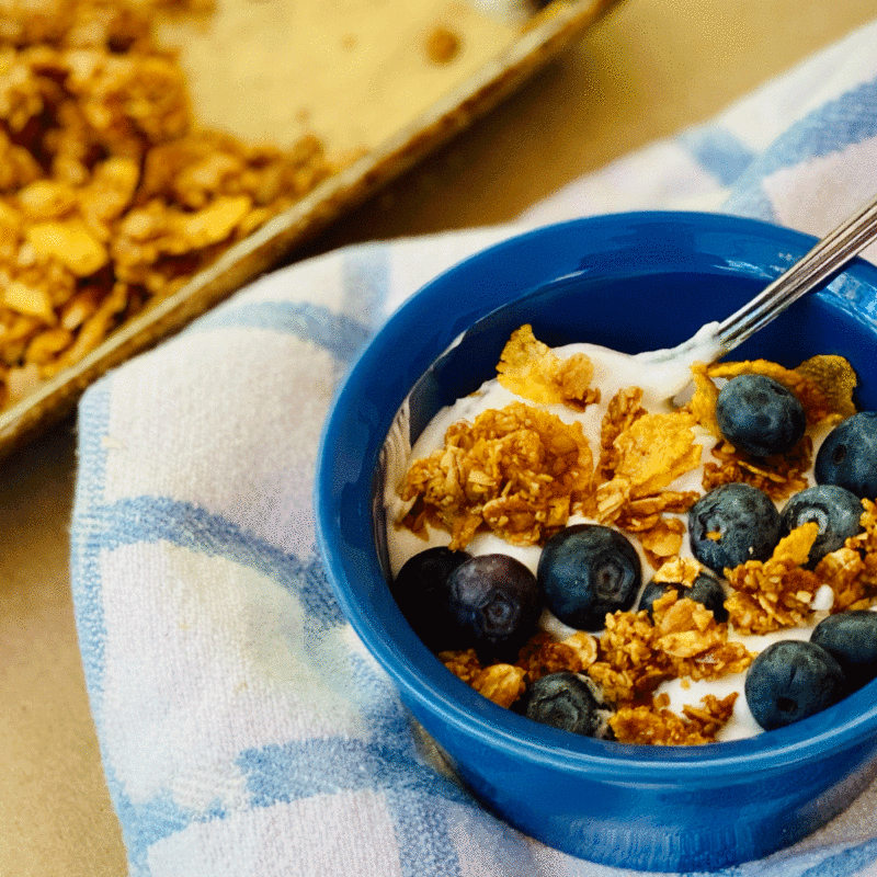 Granola in a blue bowl