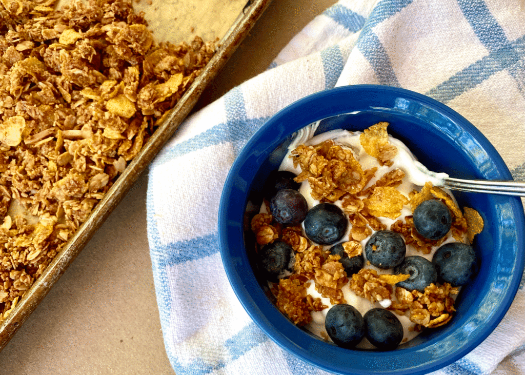 Granola in a bowl with blueberries and yogurt