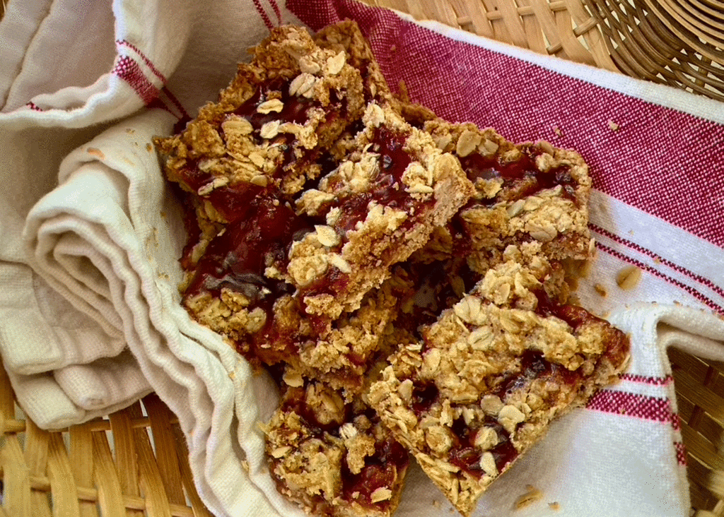 Strawberry jam bars in a basket