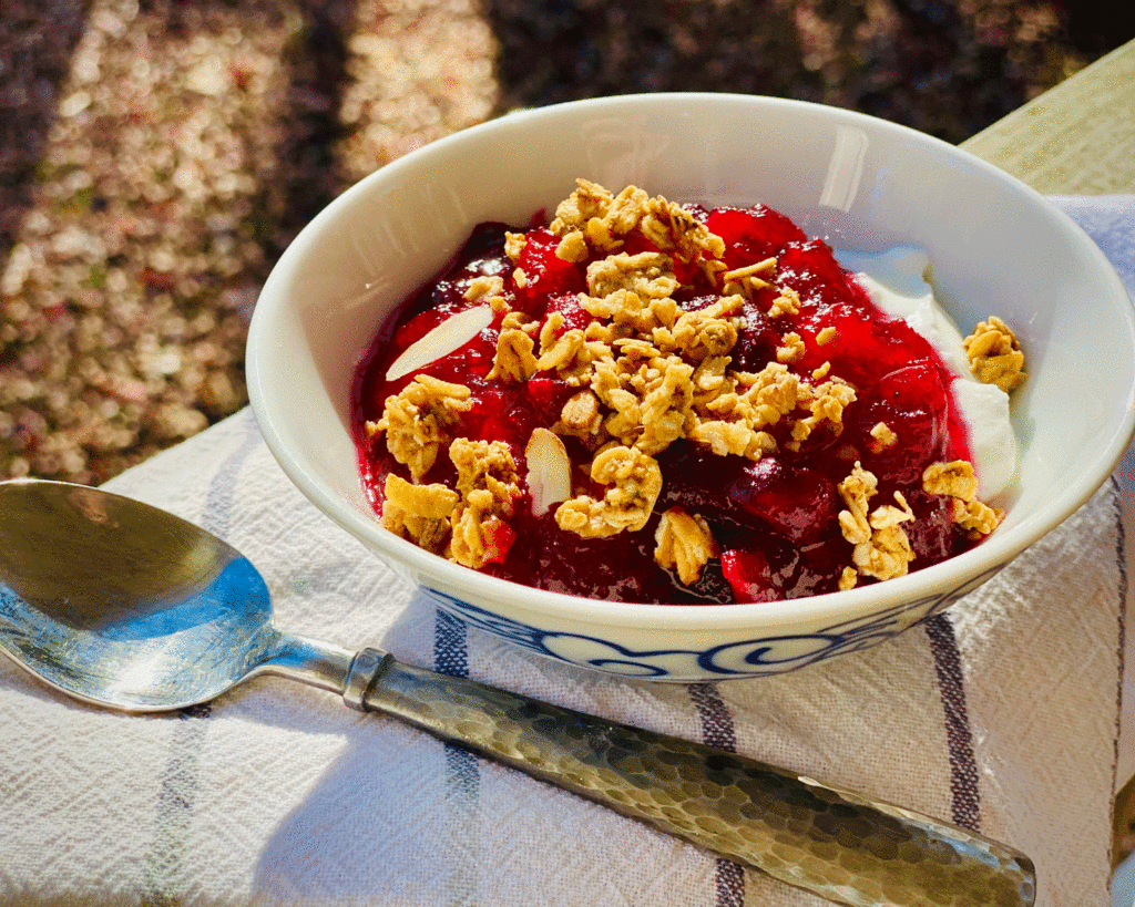 Cranberry and Greek yogurt in a bowl | Photo by Lucy Mercer | A Cook and Her Books