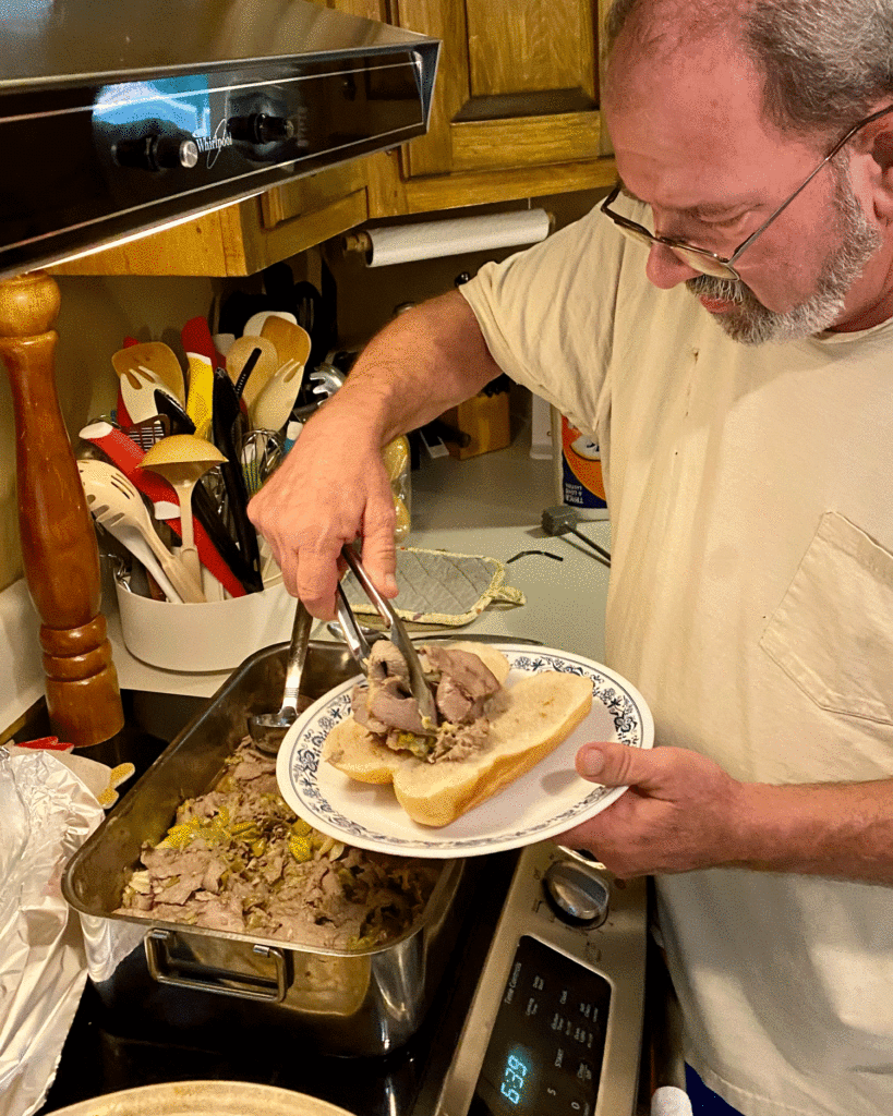 Chef prepares beef sandwich | Photo by Lucy Mercer | A Cook and Her Books