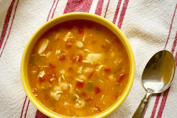 White chicken chili in a bowl | Photo by Lucy Mercer | A Cook and Her Books