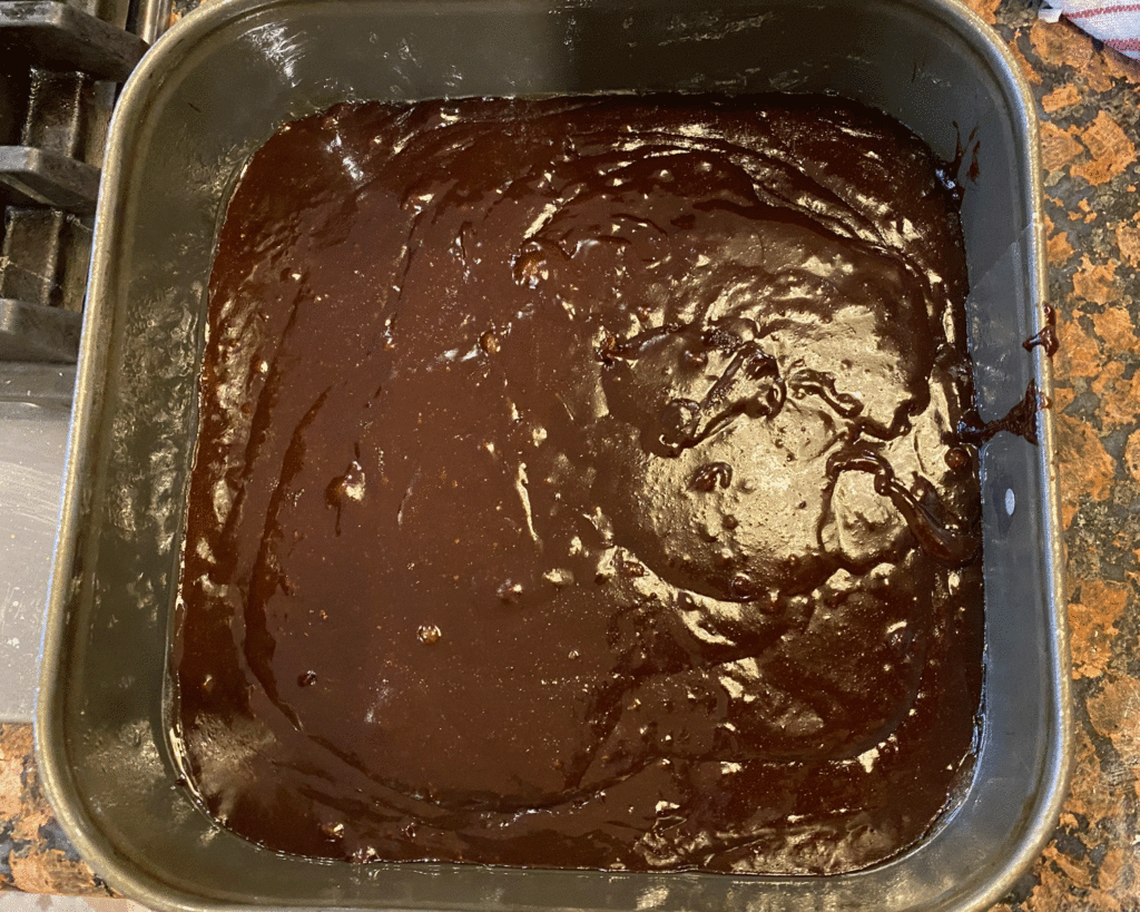 Pan of chocolate brownie batter | Photo by Lucy Mercer/A Cook and Her Books