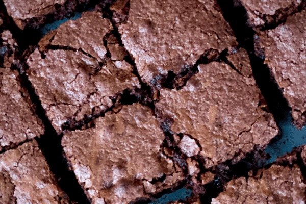 Chocolate brownies cut into squares in a pan