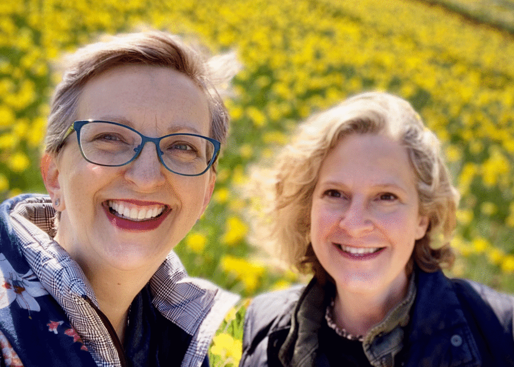 Two garden writers in a field of daffodils | Photo by Lucy Mercer/A Cook and Her Books