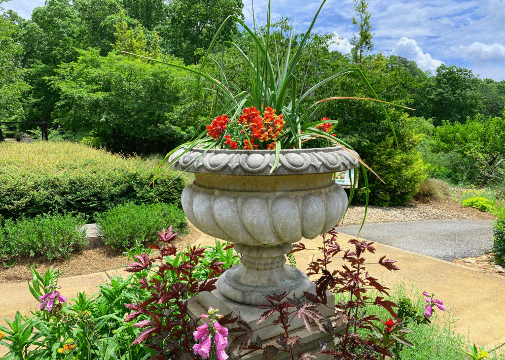 Urn with summer flowers at State Botanical Garden