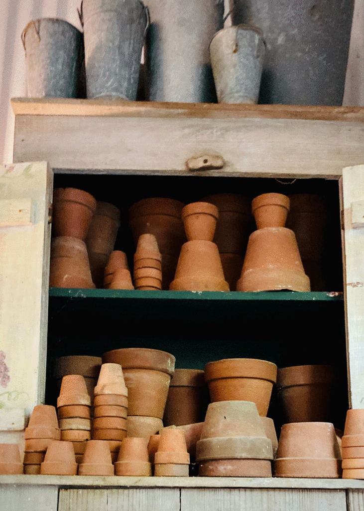 Terra cotta pots on shelves | Photo by Lucy Mercer/A Cook and Her Books