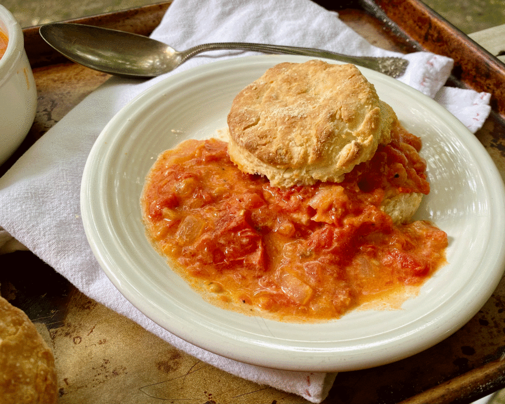Tomato gravy with biscuits | Photo by Lucy Mercer/A Cook and Her Books