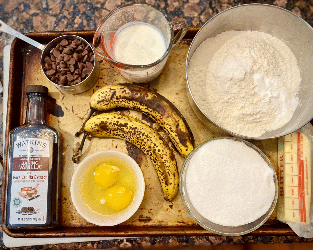 Ingredients for banana snack cake | Photo by Lucy Mercer/A Cook and Her Books