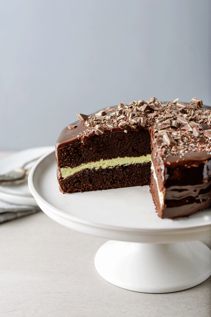 Chocolate mint layer cake with ribbon of mint filling