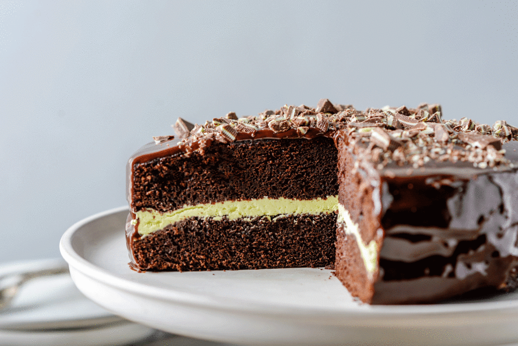 Chocolate layer cake with ribbon of mint filling between the layers