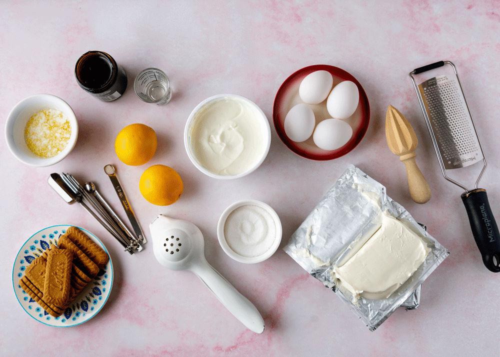 Ingredients for Meyer lemon cheesecake with Biscoff crust
