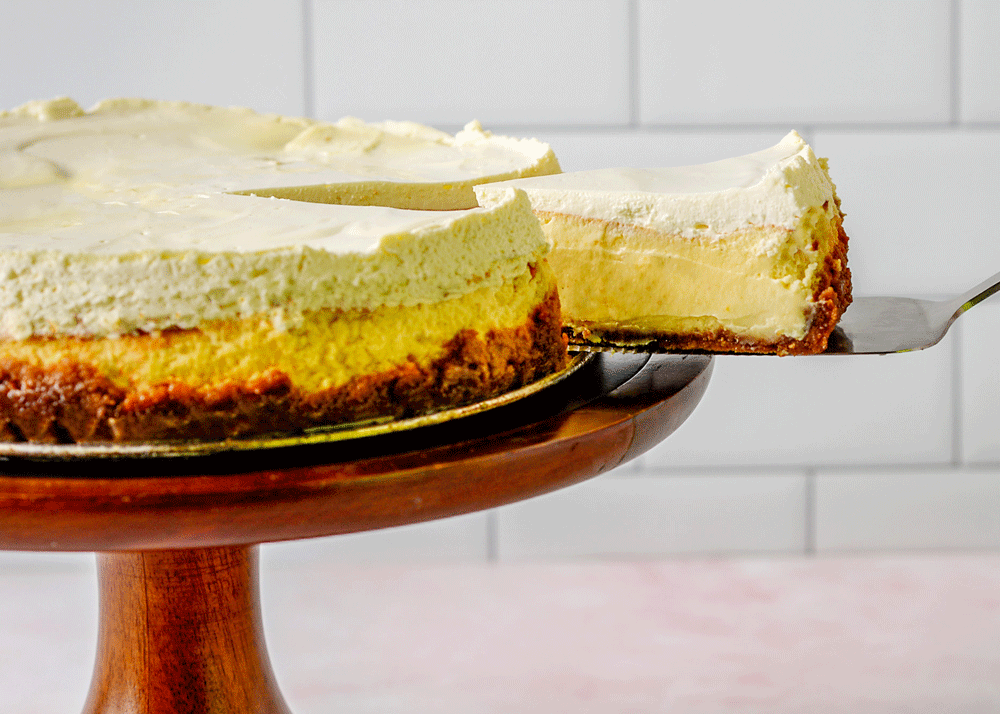 Meyer lemon cheesecake with Biscoff crust on a stand