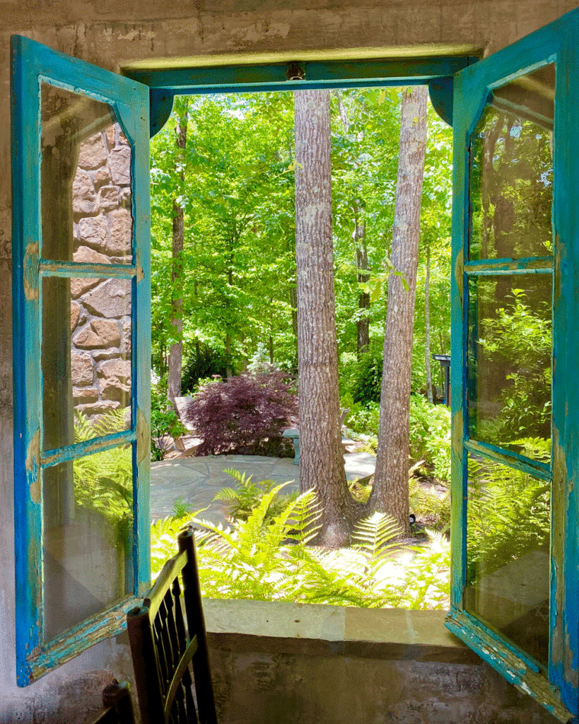 View from inside chapel, looking into garden