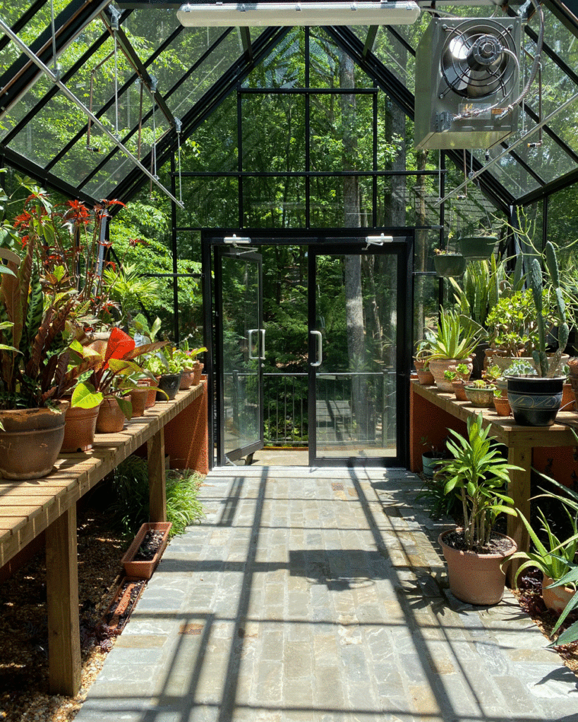 Greenhouse interior with succulents ond other plants on tables