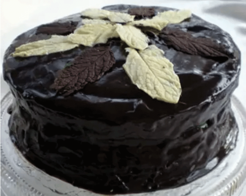 Chocolate mint cake with white chocolate leaves