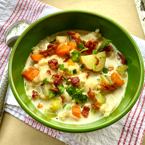 Bowl filled with seafood chowder