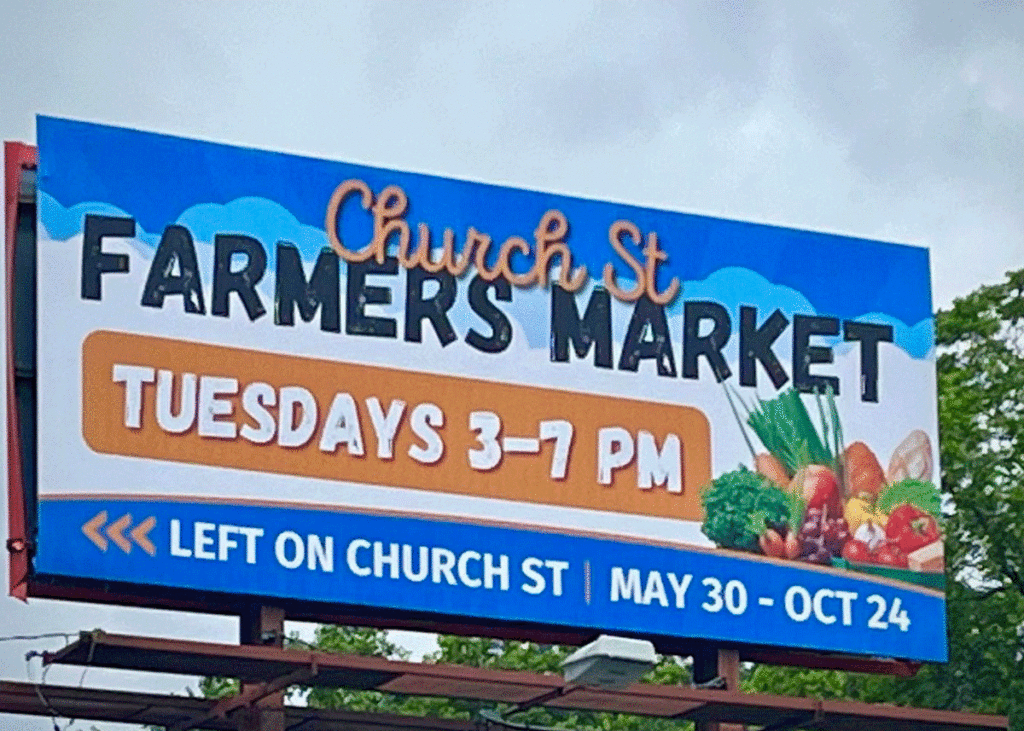 Billboard sign for Church Street Farmers Market in Douglasville, Georgia.