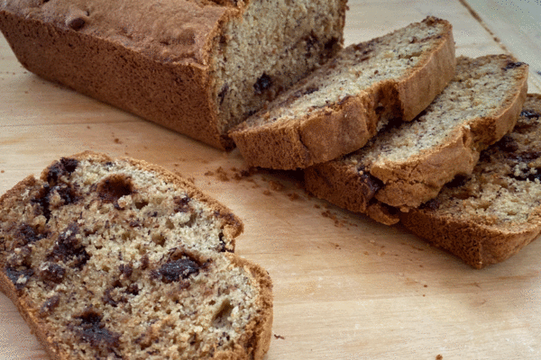 Banana bread with chocolate chips on a board