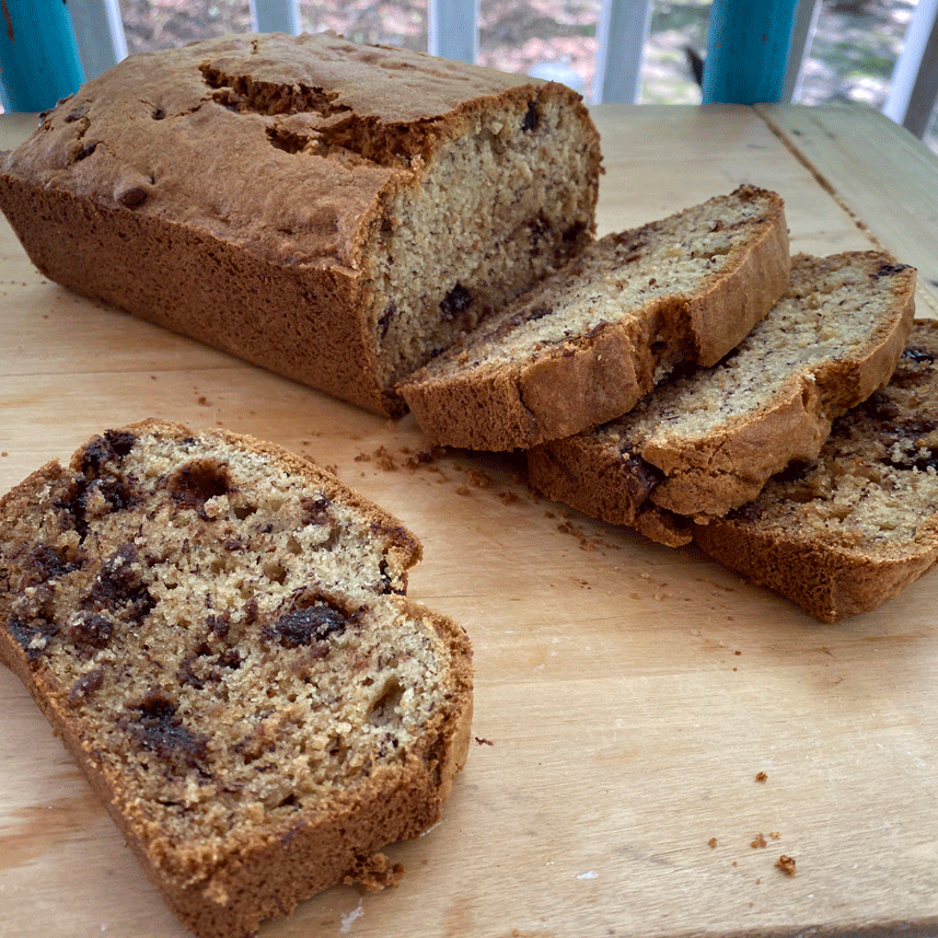 Banana bread with chocolate chips on a board