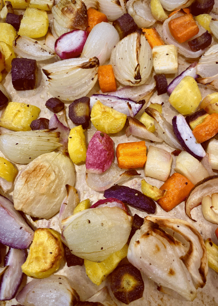 Roasted root vegetables on a sheet tray
