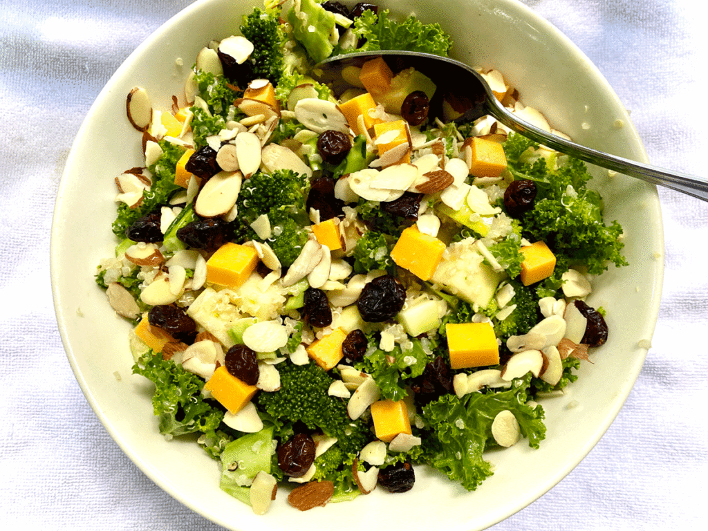 Broccoli quinoa salad in a white bowl