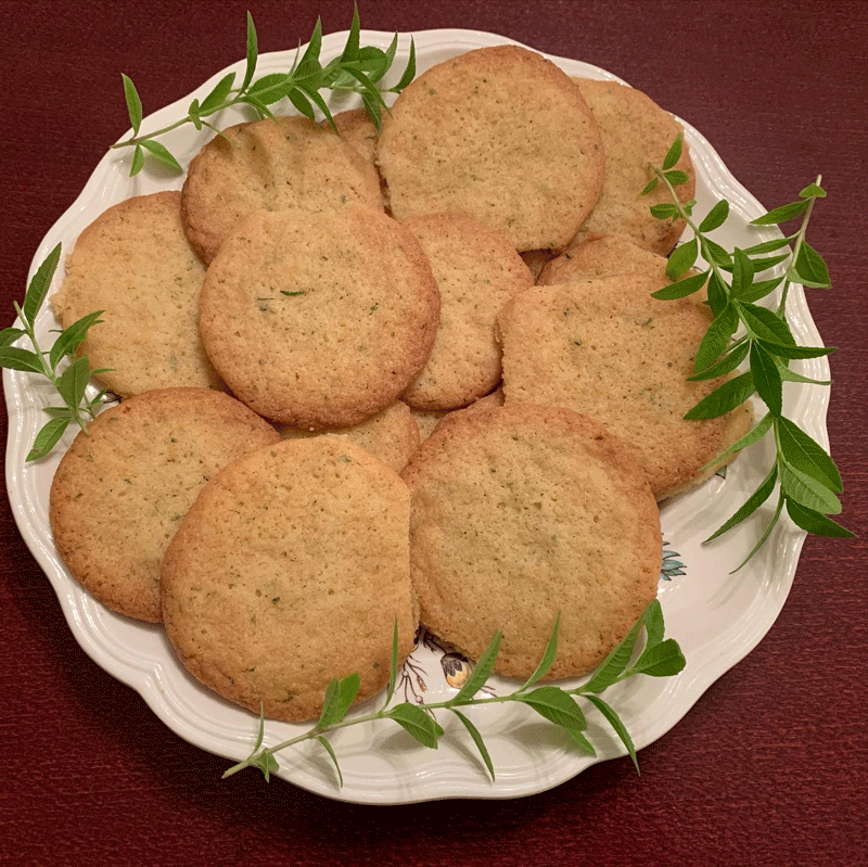 Lemon verbena cookies on a plate with sprigs of lemon verbena herbs