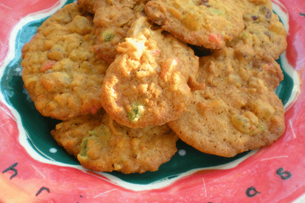 Fruitcake cookies on a festive holiday plate