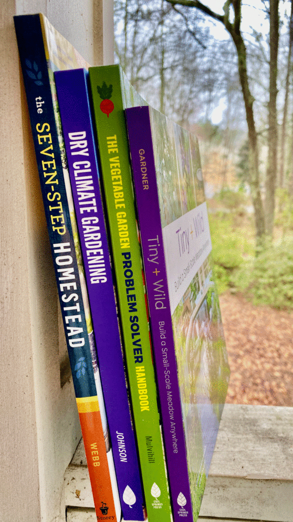 Gardening books on a ledge