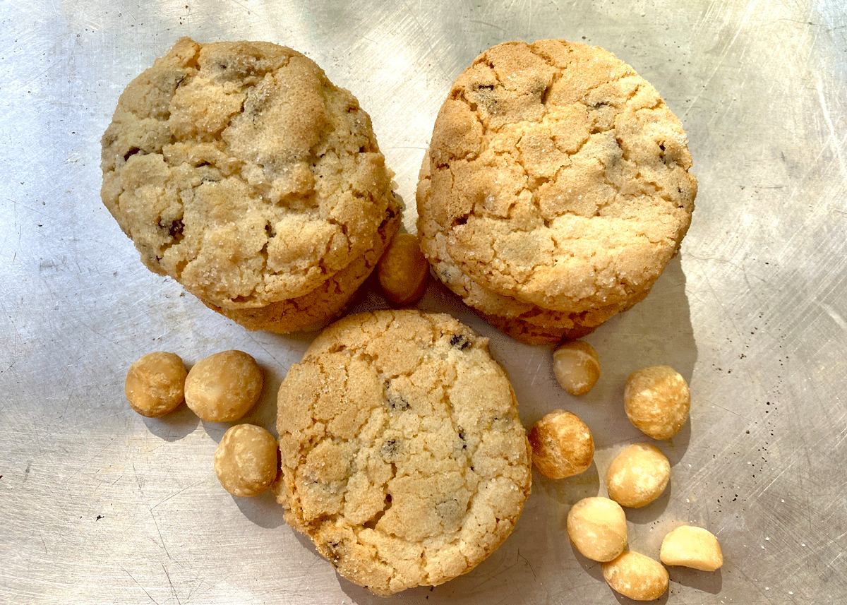 Macadamia and currant cookies are delicious warm from the oven. 