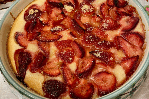 Strawberry spoon cake in a baking dish
