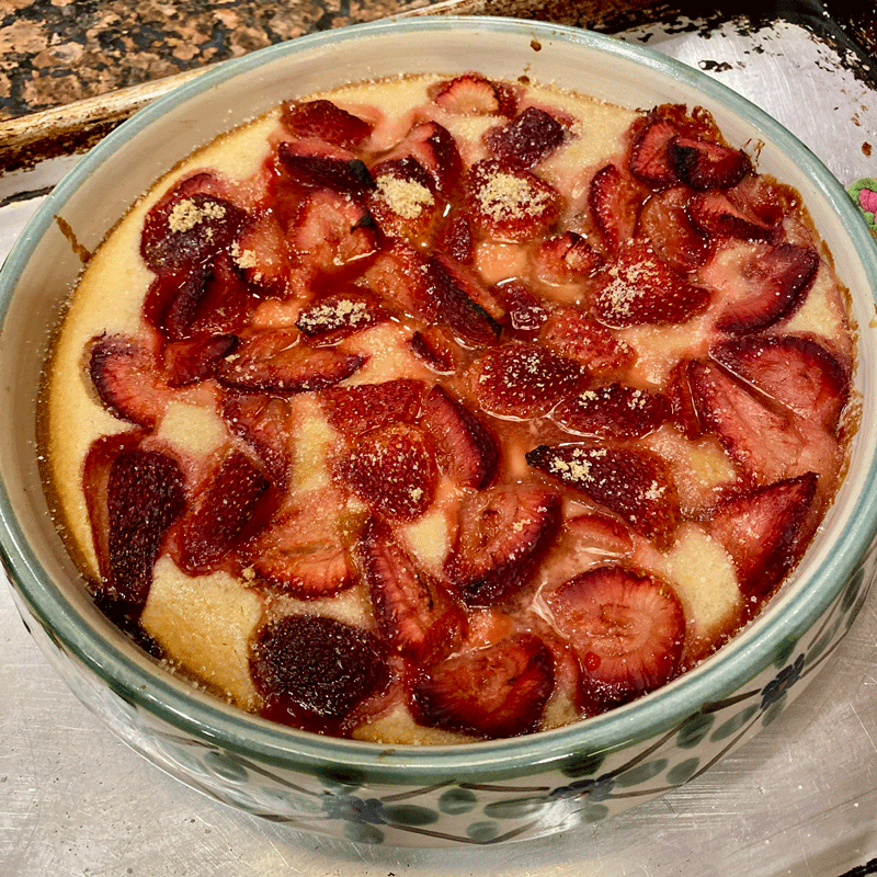 Strawberry spoon cake in a baking dish