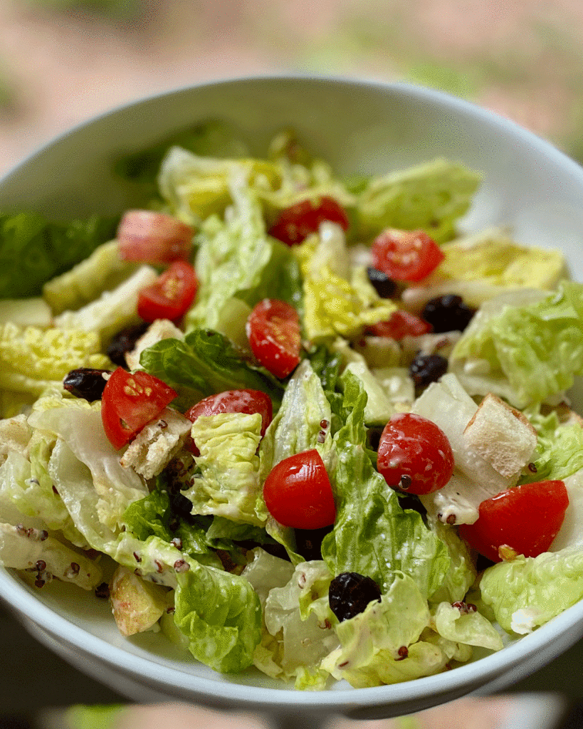 A fresh green salad with cherry tomatoes, cucumbers, apple and dried cranberries in a bowl