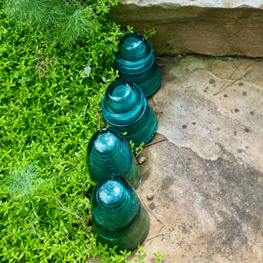 Blue insulators mark a garden path between lawn and steps