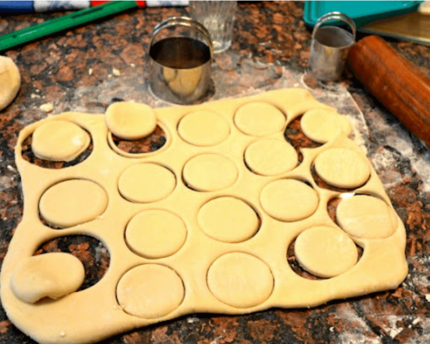 Biscuits cut from biscuit dough on a floured counter