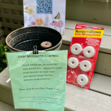 A bucket with mosquito dunks and instructions for making a mosquito control bucket