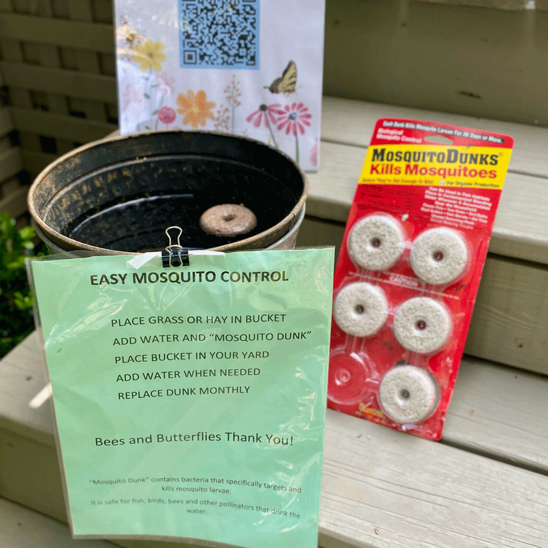 A bucket with mosquito dunks and instructions for making a mosquito control bucket