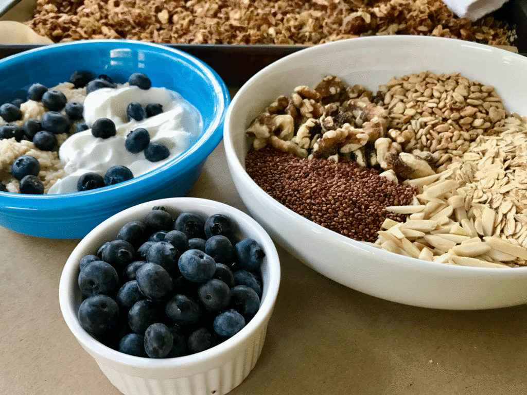 Bowls of blueberries and granola