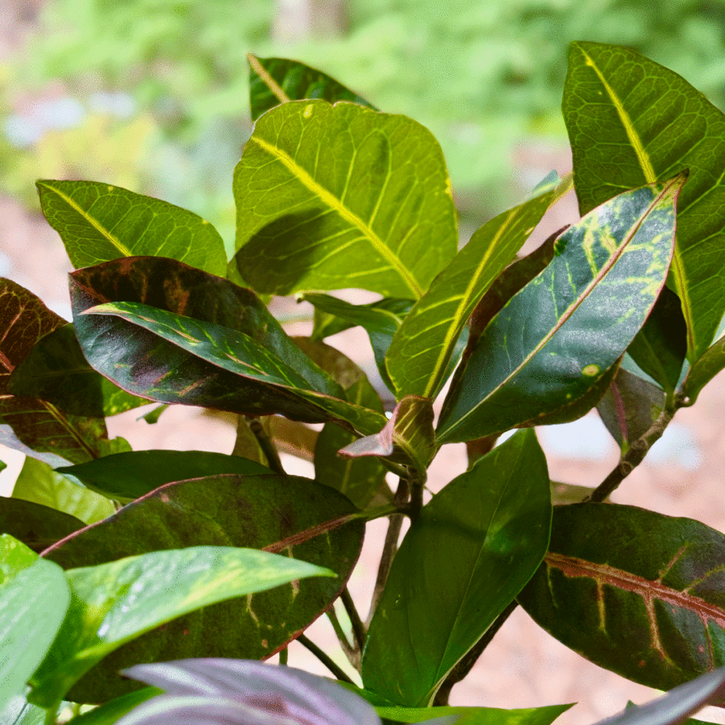 Green and yellow croton leaves in a container garden